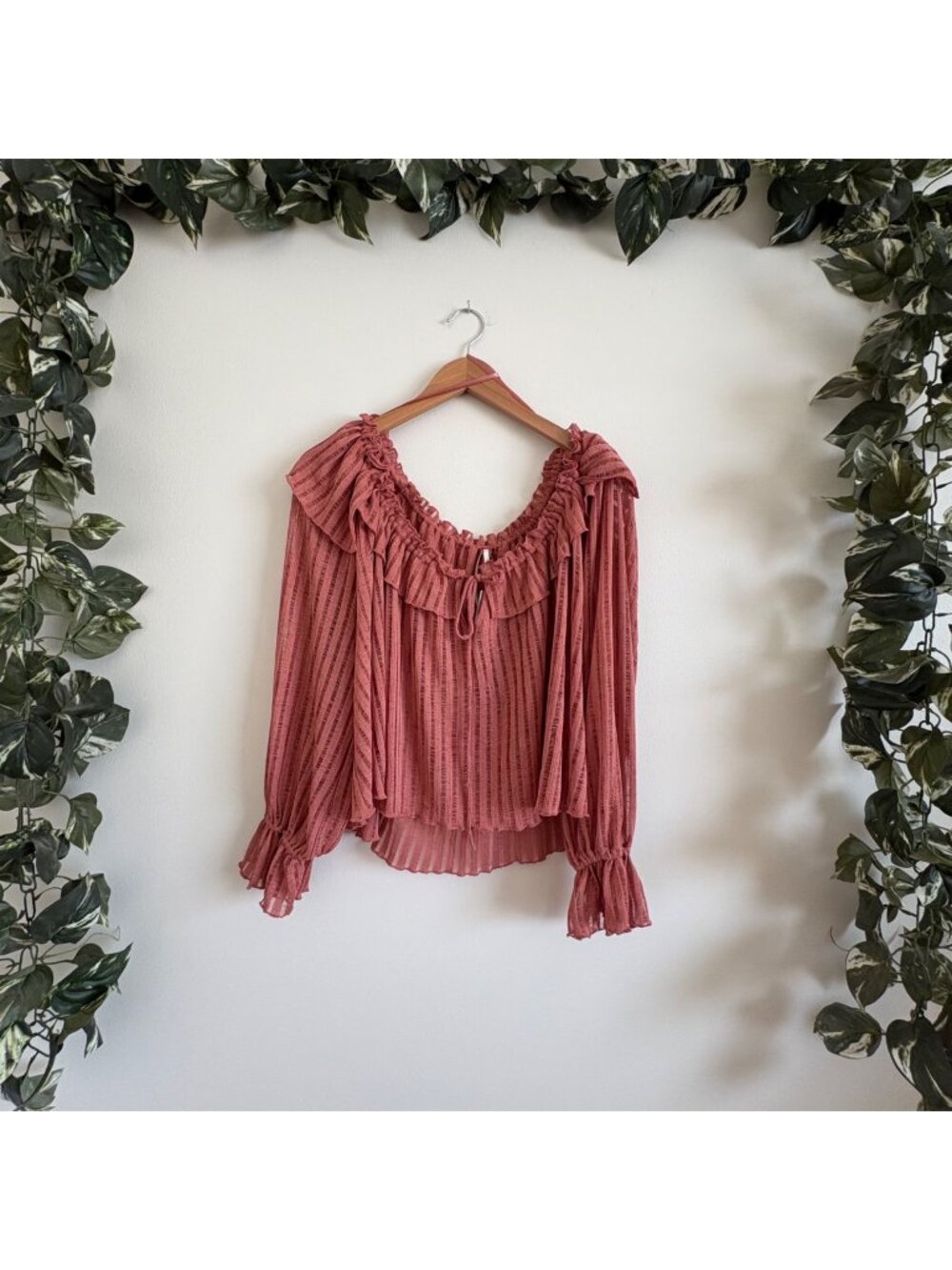 By Anthropologie Long Sleeve Sheer Striped Crop Blouse Rose NWT Size S